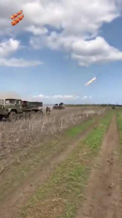 Ukrainian soldier records MLRS being fired into Russian controlled territory in Eastern Ukraine.