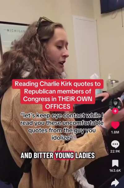 Woman reads quotes by the late Charlie Kirk to Republican congressmen. They struggle to keep eye contact.