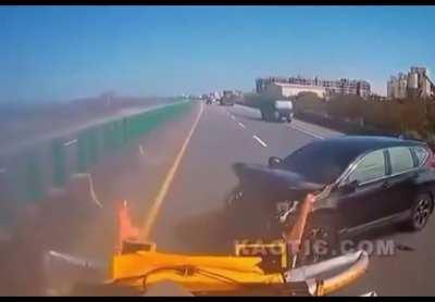 What a highway construction truck safety bumper looks like in a crash