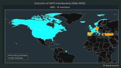 [OC] Evolution of NATO membership (1949-2020)