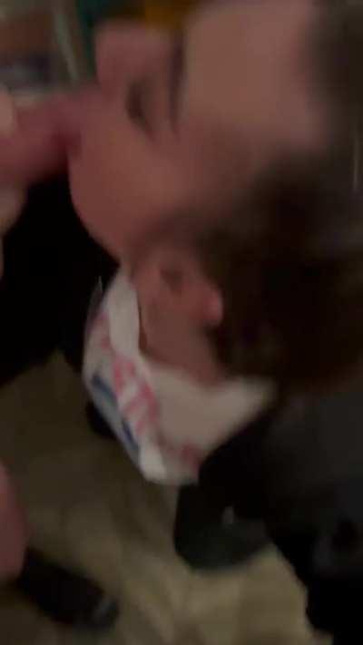 Sucking a fat cock while holding my hubbys small cock