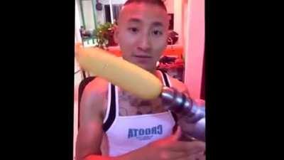 This guy tried to be cool and do the corn drill challenge.