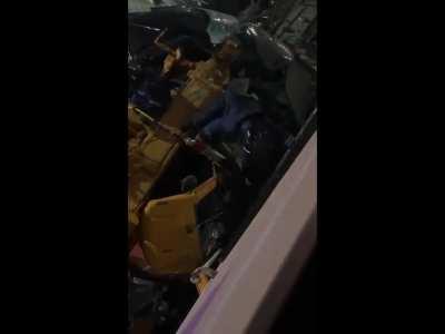 14 cars damaged from crane truck brake failure, 3 injured, Gelendzhik, Russia