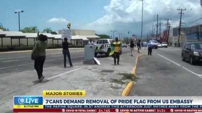Jamaicans protest pride flag at the US embassy. They call it cultural imperialism and accuse the US of imposing its values on them.