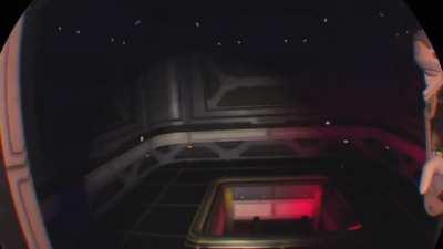 This is my first experience with desolation in Vr. I turned off UI for more immersion and heard someone else's starship landing above. I ran to the entrance and really saw a player. It turned out to be a friend and we went to explore together.