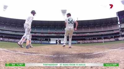 Starc to Bruyn, “Stay in your crease, it’s not that hard! The line’s there for a reason, mate”