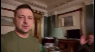 Ukrainian President Zelensky releases a video statement to counter Russian propaganda that he's fled his country.