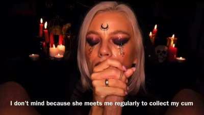 Your old friend from high school is convinced she is a witch and collects cum as a spell component