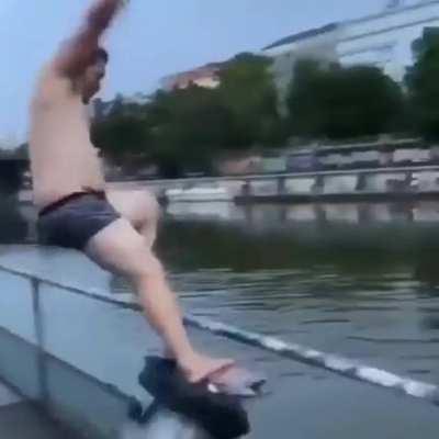 Luckily the river will break his fall.