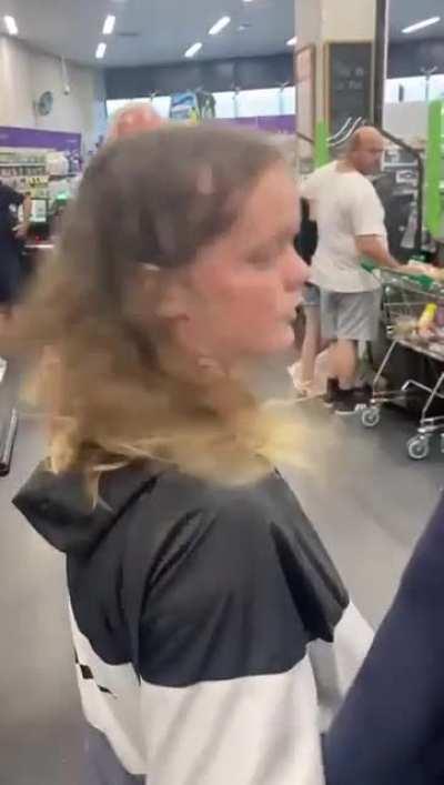 Pair of bogans attacking supermarket workers in Australia.