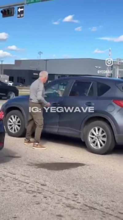 Grandpa has meltdown at red light. 