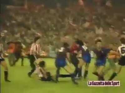 In memory of Diego Armando Maradona. The time he knocked out a goalie cold.