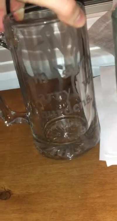 My dad made me some etched glass Skyrim mugs!