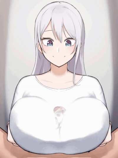 She jerks off her son with her breast