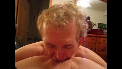 My Bull (in mirror) watching my Hubby eat the Huge Creampie he just deposited