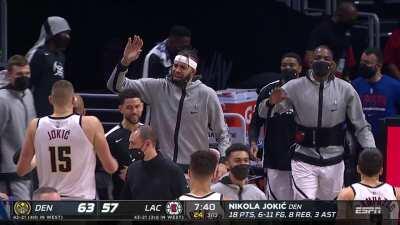 [Highlight] As the shot clock expires, Jokic fades away from a double team and stares down the Clippers bench.