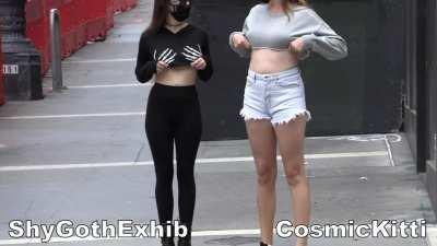 Slomo titty drop with a friend on the street!