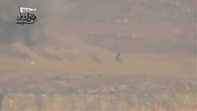 Sham Legion fighters score a direct hit on a group of regime soldiers with a TOW missile in Ghab Plain, Idlib. June 3rd, 2016.