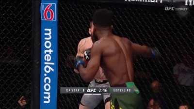 Aljamain Sterling almost knocks out Jimmie Rivera with a spinning back elbow, then pressures and puts a bad beating on him alongside the fence