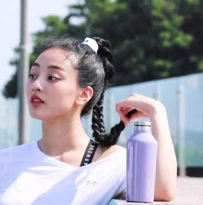 Jihyo - braided ponytail, black under armour shorts, white top