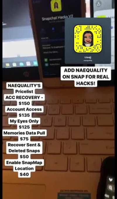 Contact @naequality on snapchat to order social media hacks for apps like snapchat, instagram, tiktok, onlyfans , twtter , facebook & more! Hit Our Telegram Group Link In The Comments!