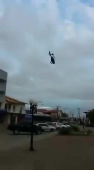 Helicopter lands in the middle of the sidewalk