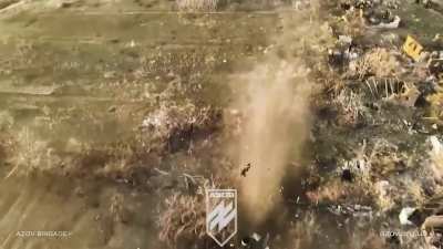 A Russian soldier flew several meters into the sky from a powerful drop from an Azov drone on the Toretsk direction, March 2025