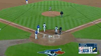 [Highlight] [Highlight] Ump takes a Chapman 100 mph fastball to the mask. Looks okay.