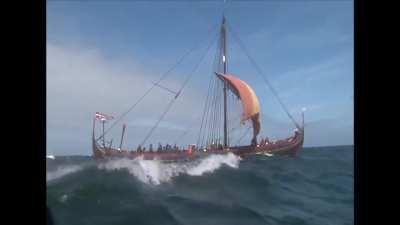 Havhingsten in the North Sea on a journey to Ireland. Authentic replica built with viking age tools by the Roskilde Ship Museum in Denmark