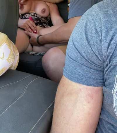 Hubby’s friend making cum really hard in the back seat while we wait for a busy ferry!