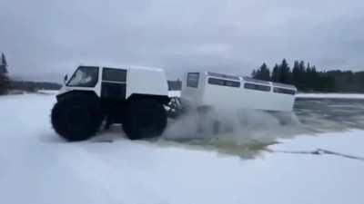 All terrain vehicle driving on ice/water.