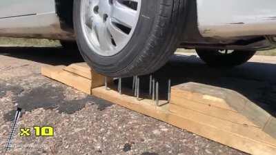 Inside view of a car tire while it's being punctured
