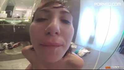 Valeria Blue swallows extra cumshot in bathroom