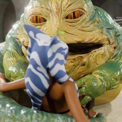 Jabba licks Ahsoka's face, who's dressed in Oola's fishnet Slave Outfit (PN34)