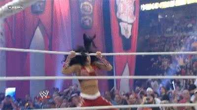 Michelle McCool dropkicking Melina during her entrance