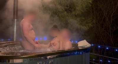 Jerking off and sucking my Hubby’s dick while getting fucked by the lover in a hote tub