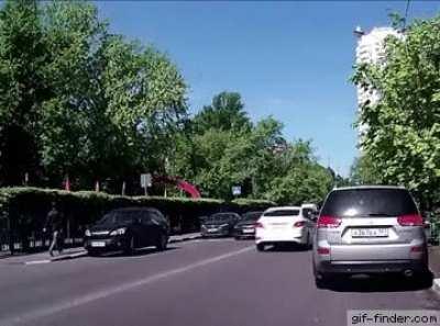 Adoorable idiot doesn't check for traffic before getting out