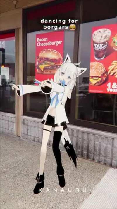 Fubuki dances in front of American burger restaurant