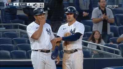 [Highlight] [Highlight] Jose Trevino connects on a base hit with a runner in scoring position in the 12th inning and chaos immediately ensues. IKF appears to be tagged out at third but the play isn't challenged.