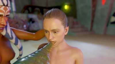 Rey gets a mouthful of Jabba's tail, as Ahsoka assists, being the obedient slave (PN34)