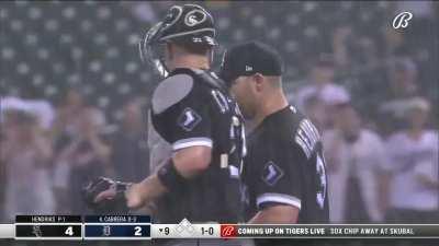 [Highlight] Liam Hendriks throws ball off to the side during heavy rain, yells at ump, gets game delayed, and Tigers broadcasters are not happy.