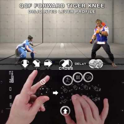 Quarter-Circle Tiger Knee on Cross|Up - With the Disjointed Lever profile on the Cross|Up, you can combine Hit Box and lever techniques to guarantee consistent air legs with Chun-Li.