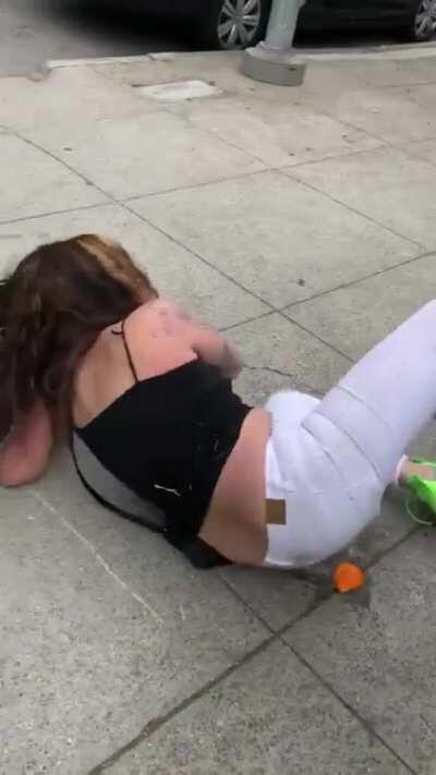 Woman freaks out she can't use a store bathroom without a mask on. Entered store anyway. Then proceeded to beat up homeless person.