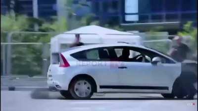 HMRB while I jump with 2 feet into the side window of car, kicking reckless driver out