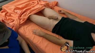 Tattooed nurse gives handjob