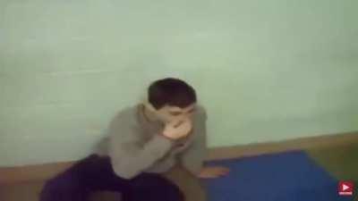 the moment he realizes he has been defeated by a box bag.