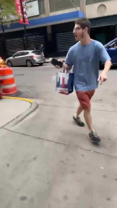 Josh freaking out after being scolded for taking up much of the side walk