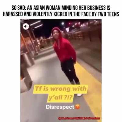 Teens violently kick a woman in the face while howling with laughter.