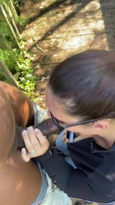 u/hishotwifey2010 sucking her BBC bull in public before he bends her over to fuck and full her pussy with his cum