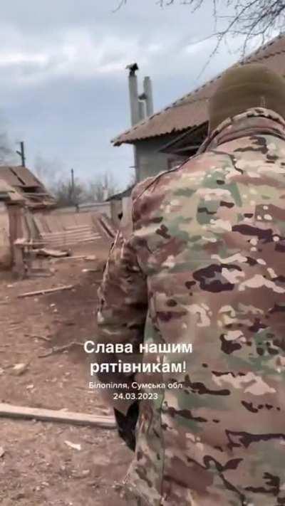 Explosive technicians got the cat out of the rubble. He sat there, frightened all night. Returned to the owners.